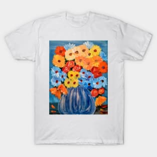 Some abstract vibrant colorful flowers in a glass vase with silver accent . T-Shirt